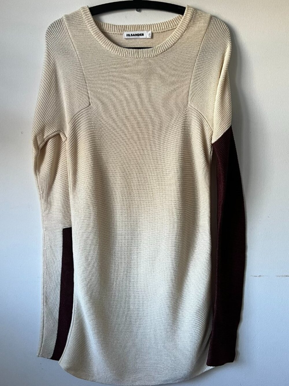 Jil Sander Silk Ribbed Knit Sweater in Cream Burgundy Color Blocked Sleeves 36